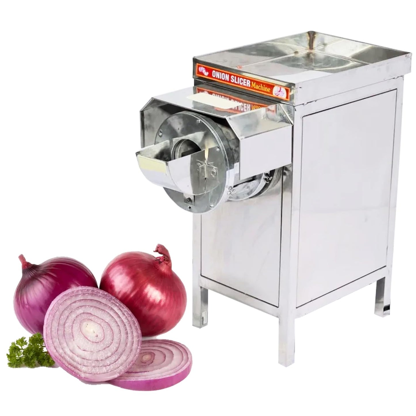SWADESI KRAFTS Ss Onion Slicer Machine Electric Big Hotel| Vegetable Slicer Machine Commercial Comes with 1HP Motor Capacity 50-60kg/Hr. Onion, Chilly, Cabbage Other Vegetable Product A1