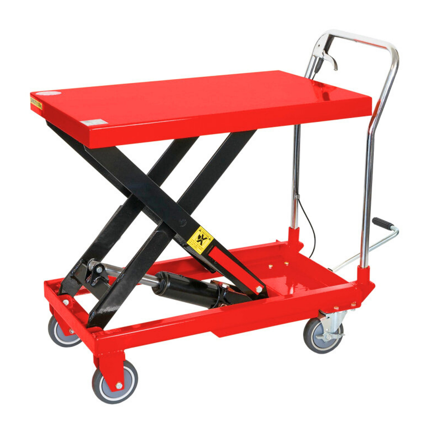 SWADESI KRAFTS Manual Scissor Lift Table Capacity 300kg Height 900mm Platform Size 855x500x50 (LWT) with PU Material four wheels and 2 locking casters125mm Foot Operated Hydraulic Scissor Table Truck.