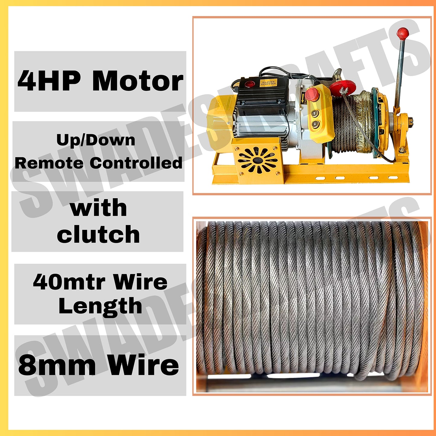 SWADESI KRAFTS Electric Mini Lifting Crane with 4HP Electric Motor with 2 Trolly | 8mm Wire Thickness | 40 Meter Length of the Wire and 57kg with 360 Adjustable Frame | Mini Crane Scale 500kg