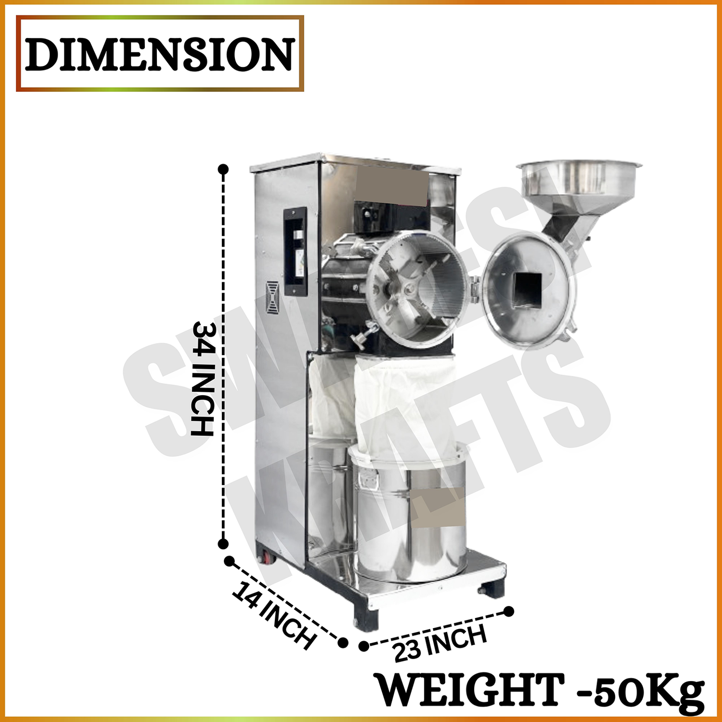 Swadesi Krafts Pulveriser Machine 2 Hp Stainless Steel Body with 2 Hp Motor Single Phase Pulveriser Machine Size 23”X14”X34” Inch (LXWXH) with 5 Jali Used for Mill Grains Like Wheat, Rice, and Spices