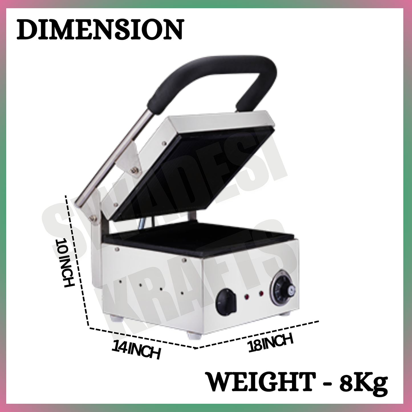 SWADESI KRAFTS Stainless Steel 202 Single Sandwich Griller 1100-Watt 2 Heater| Sandwich Grill Machine 11”X12” Inch 4pcs Sandwich |Size 18”X14”X10” Inch (LXWXH)