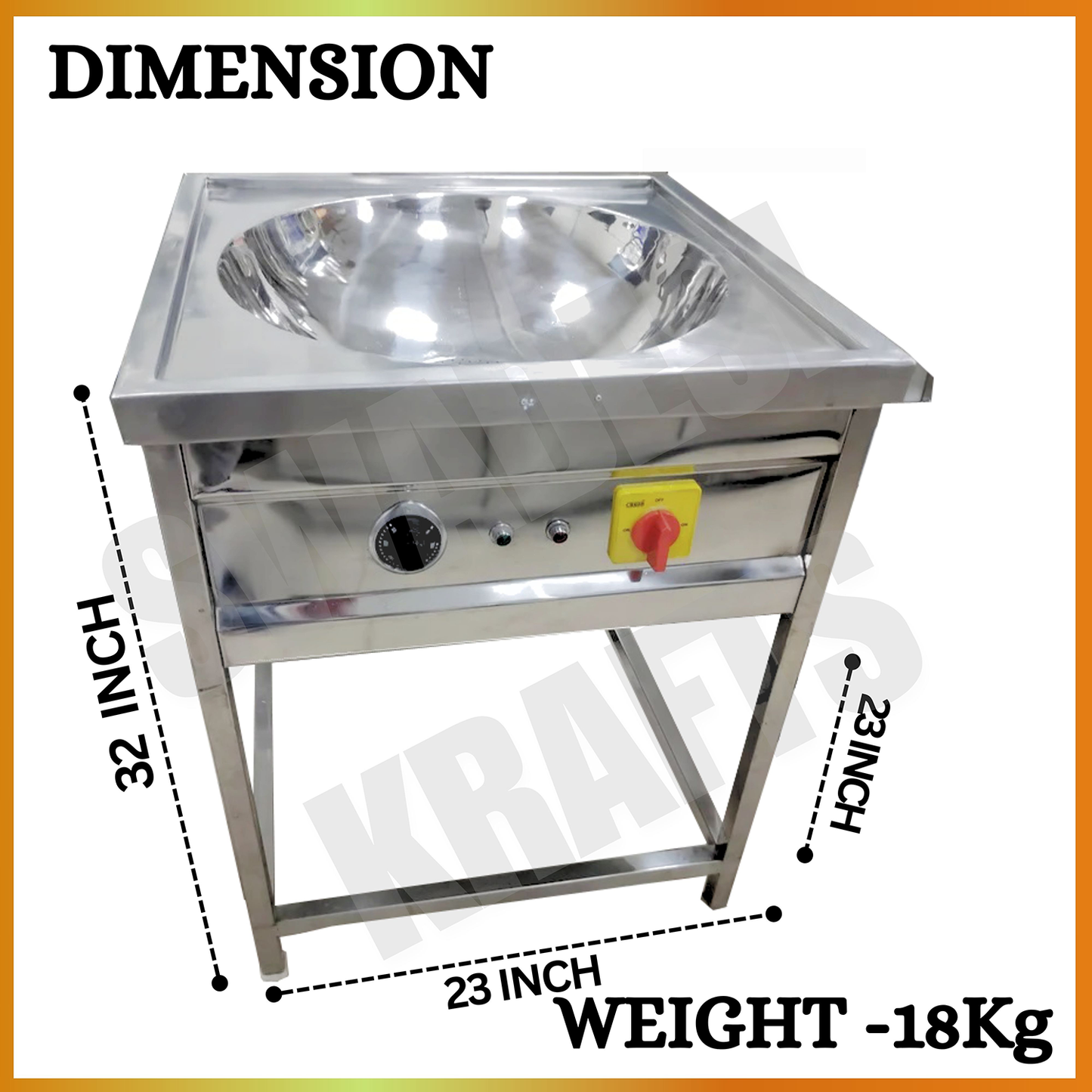 SWADESI KRAFTS Electric Kadai Commercial Stainless-Steel 202 Body With 3000 + 3000 Double Heater Commercial Fryer Electric Size 23”X23”X32” Inch (LXWXH) Used for Fry Like Samosa, Kachori