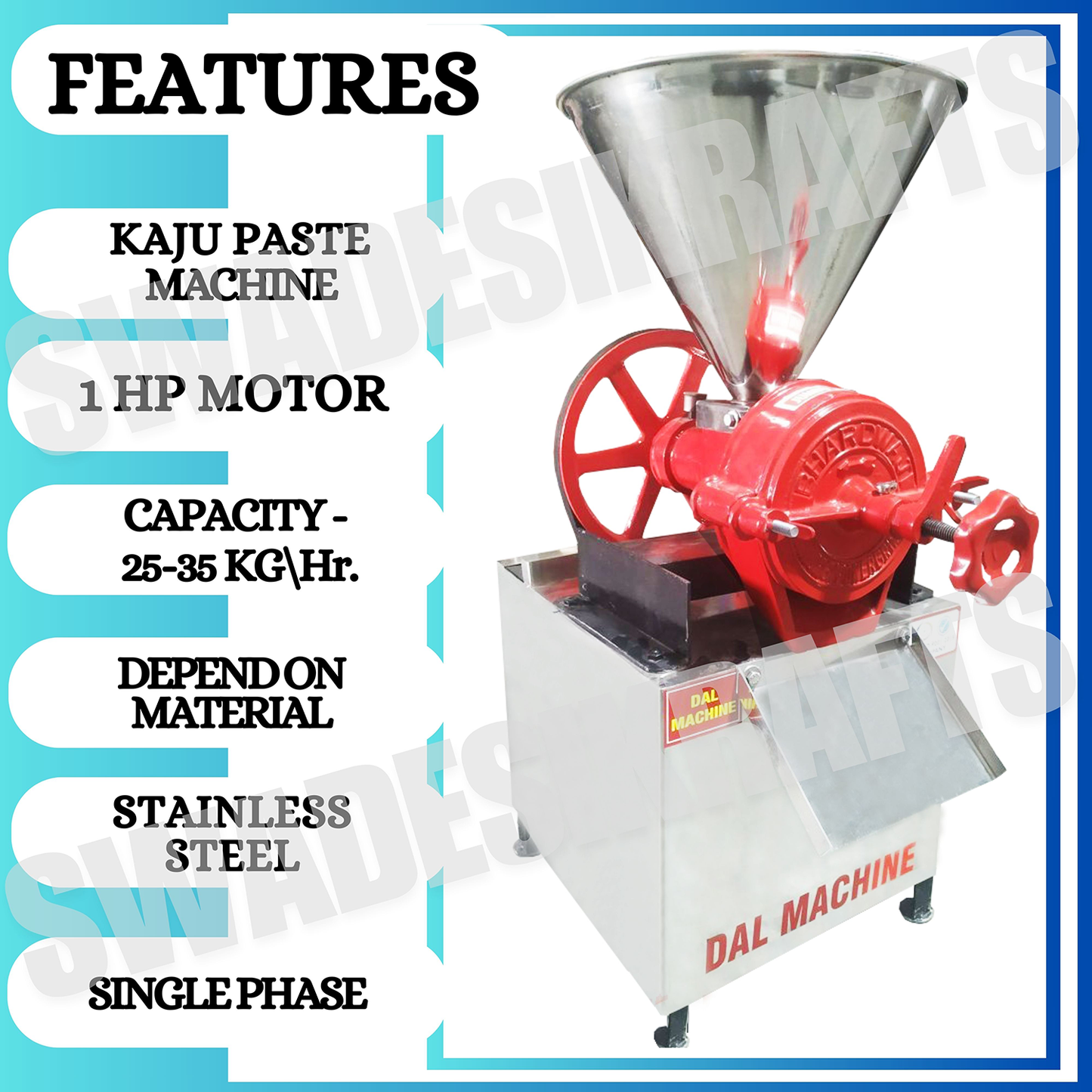 SWADESI KRAFTS Stainless Steel Kaiju Paste Making Machine with 1 HP Motor| Wet DAL Grinder Machine Capacity 35-50Kg Depend on Material Used to Make Thick Paste
