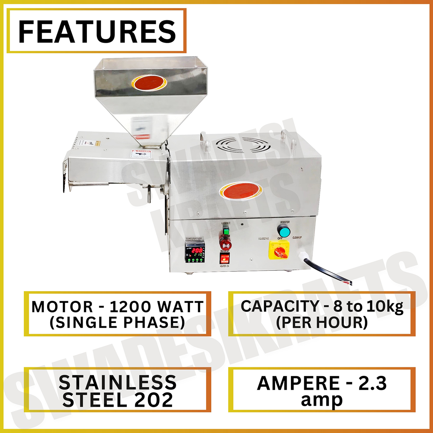 SWADESI KRAFTS Oil Pressing Machine Stainless Steel 202 Body 1200-Watt Motor Single Phase Oil Pressing Machine for Home Size 24”X9”X24” Inch (LXWXH) Used for Pressing of Peanut, Almond Oil