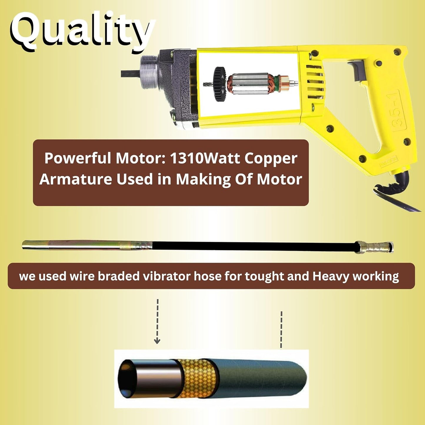 SWADESI KRAFTS 1310-wt Electric Concrete Vibrator removes lanter's trapped air,13000rpm copper winded motor with a wire braided 3mtr needle