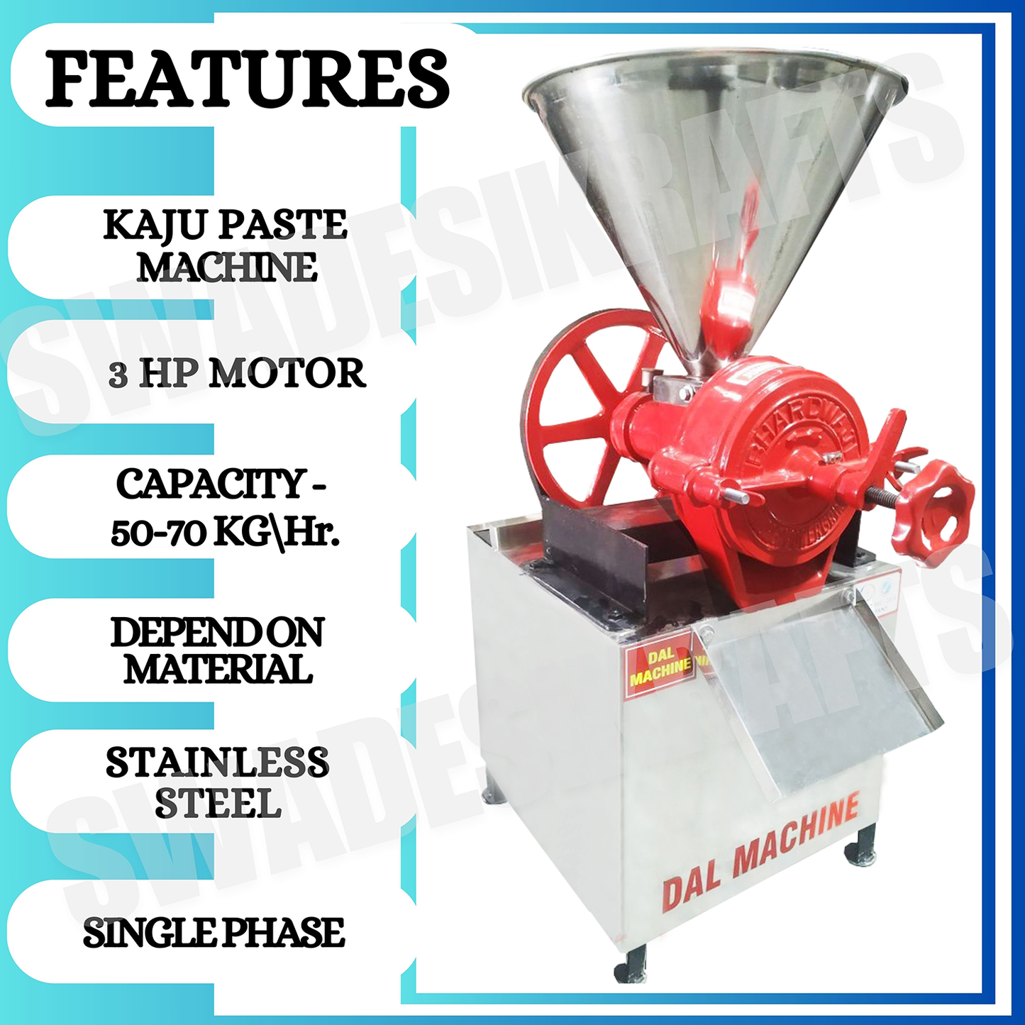 SWADESI KRAFTS Stainless Steel Kaiju Paste Making Machine with 3 HP Motor| Wet DAL Grinder Machine Capacity 50-70Kg Depend on Material Used to Make Thick Paste