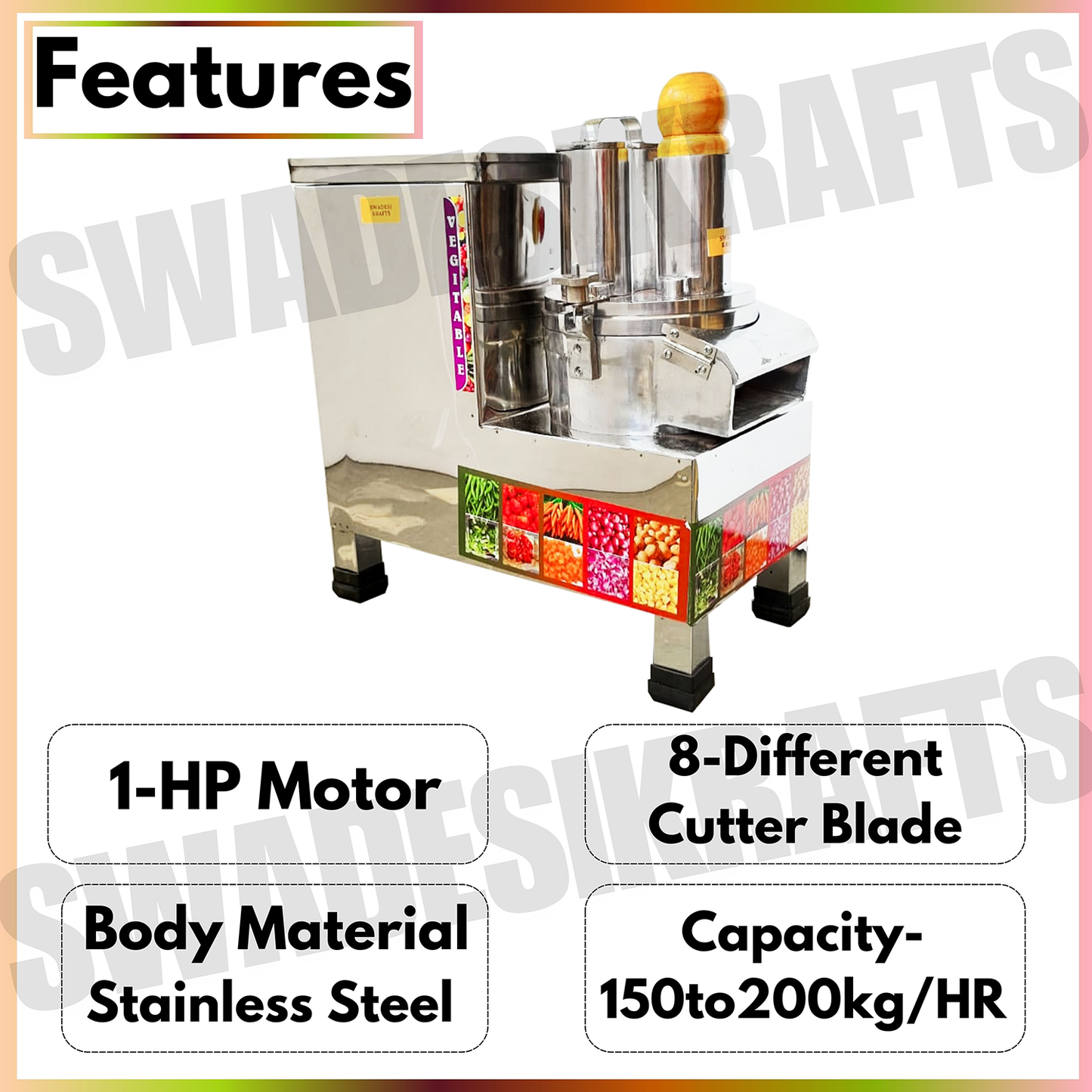 Swadesi Krafts Stainless Steel Automatic Vegetable Cutting Machine for Kitchen with 1hp Motor | Vegetable Cutter Machine for Hotel Capacity 200kg/Hr Suitable for All Vegies A2