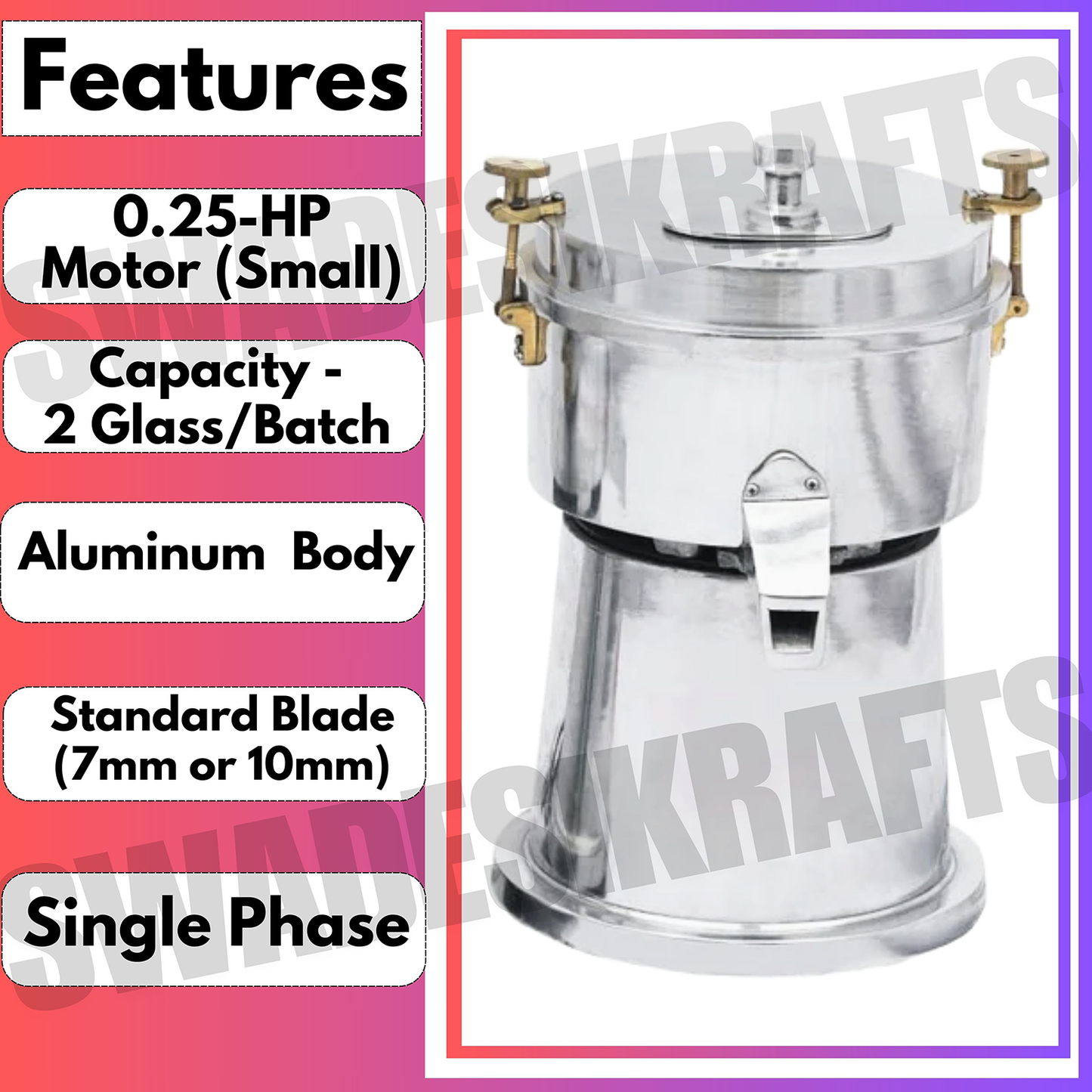 SWADESI KRAFTS Aluminium Carrot Juicer Machine Electric With 0.16-Hp Motor | Vegetable Juicer Machine For Home Capacity Is 2 Glass/Batch (small)
