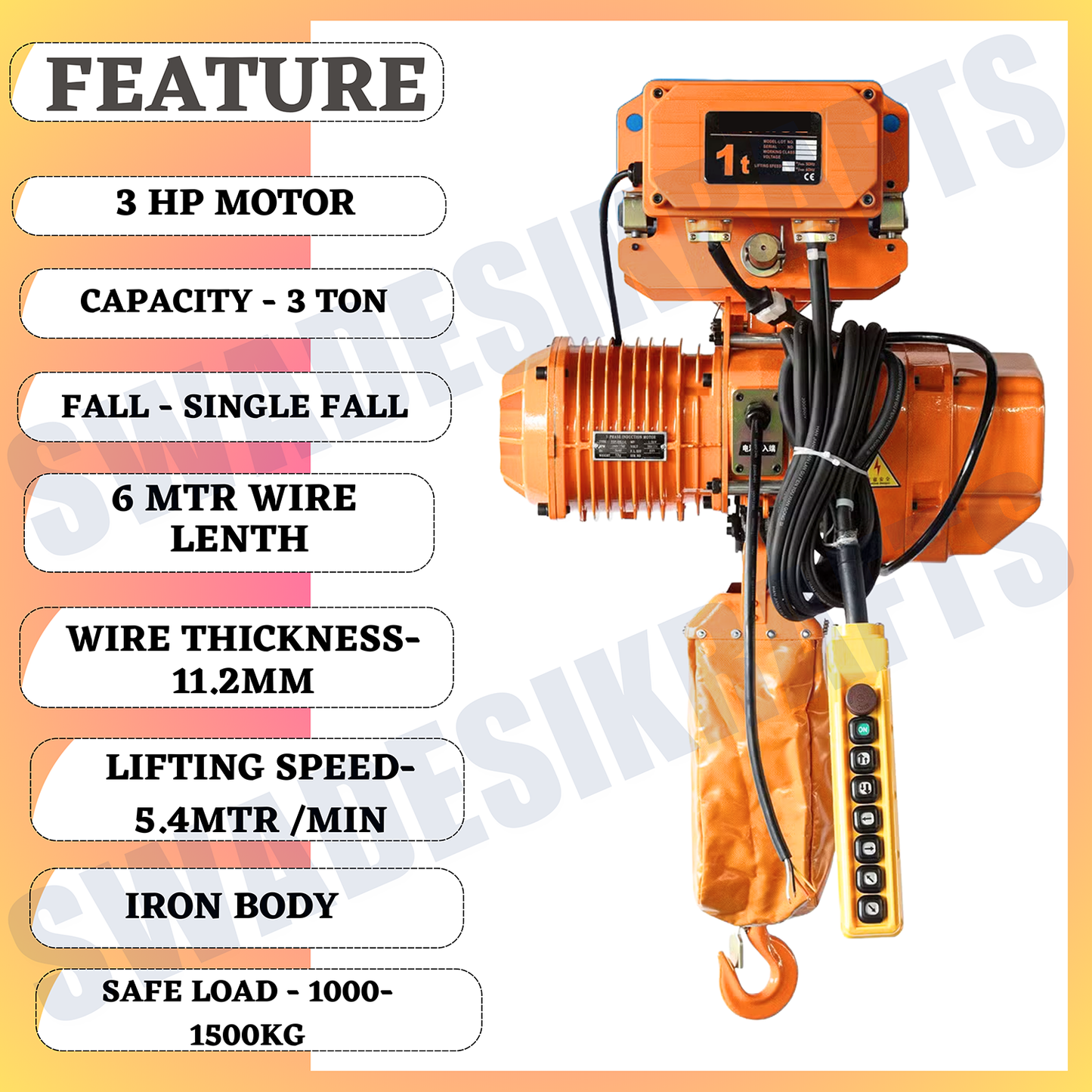 SWADESI KRAFTS 2HP Three Phase Electric Chain Hoist with Electric Trolley 3Ton Capacity SingleFall Working Height 6meter Load Chain 11.2mm Safeload 1000-1500kg Lifting Speed5.4meter/min MotorizedHoist