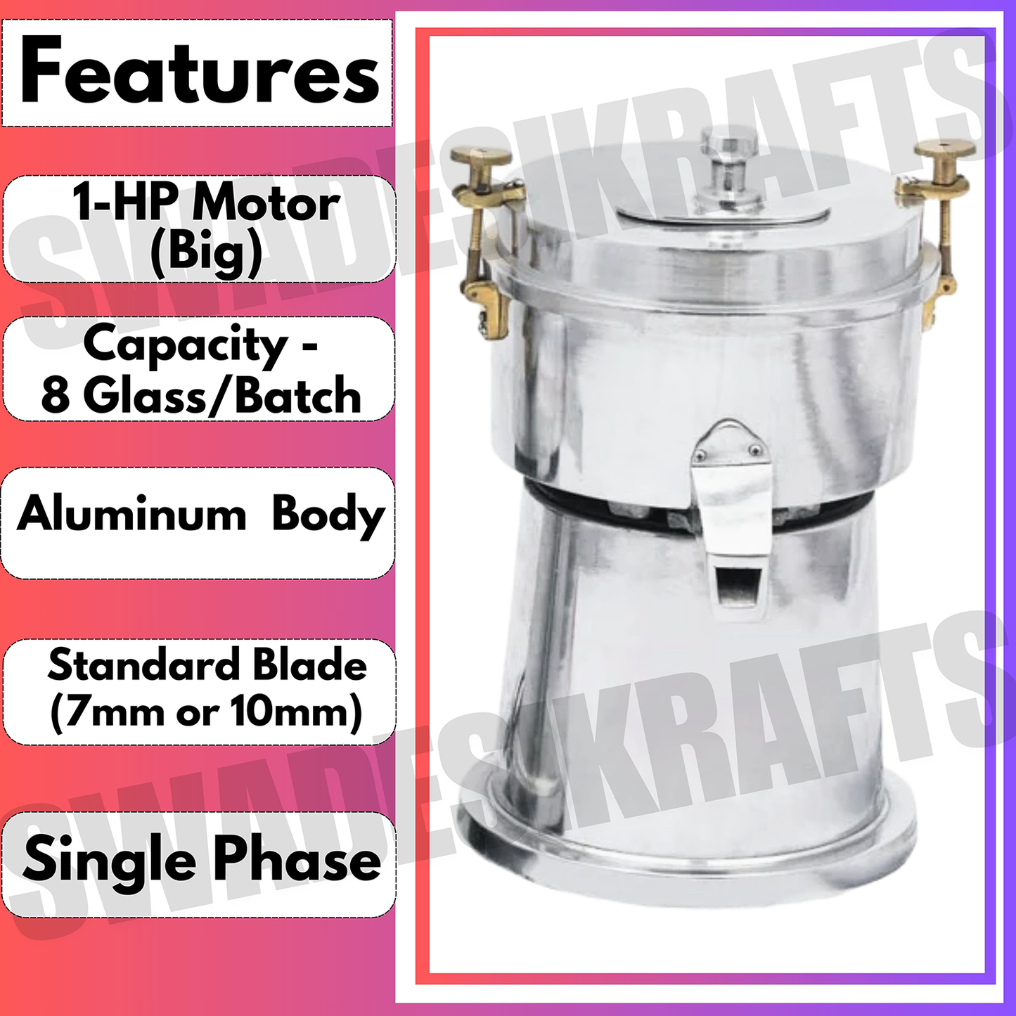 SWADESI KRAFTS Aluminium Carrot Juicer Machine Electric With 0.5-Hp Motor | Vegetable Juicer Machine For Home Capacity Is 8 Glass/Batch (big)