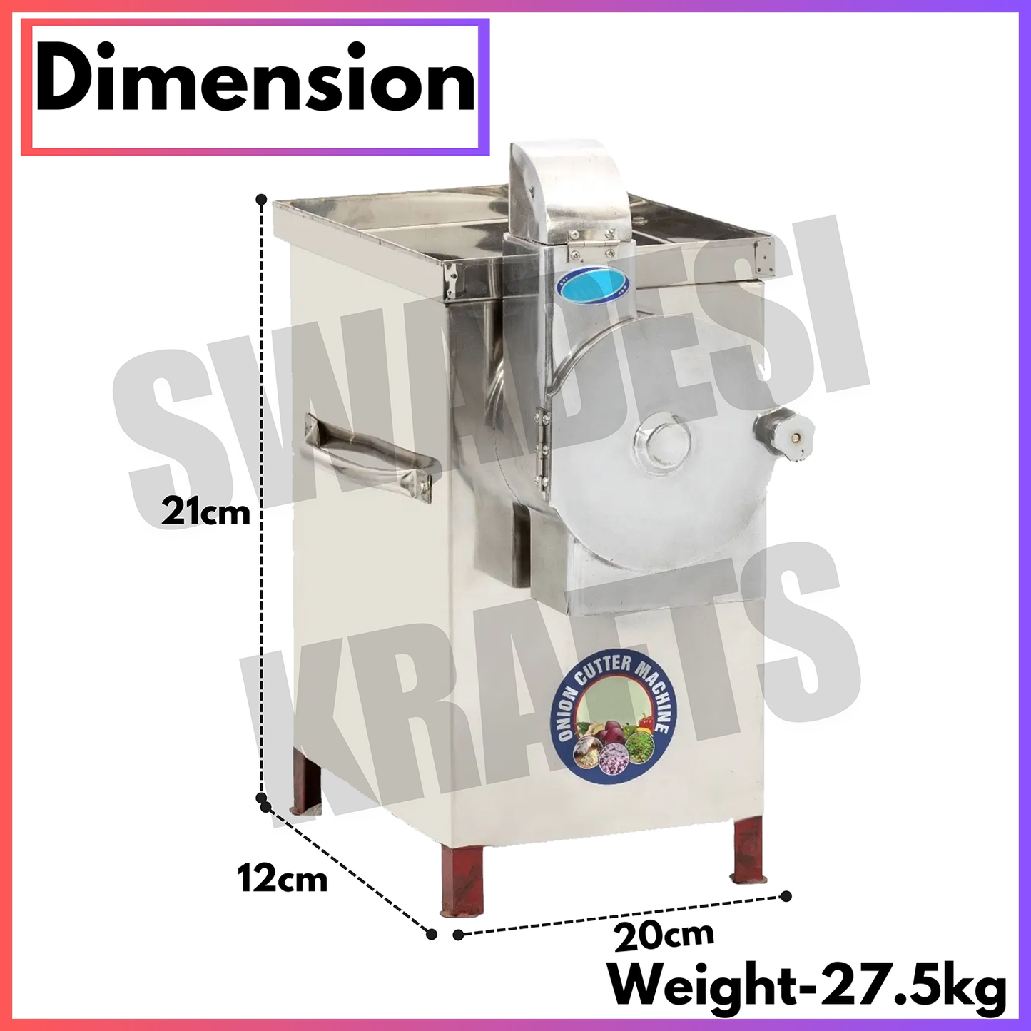 SWADESI KRAFTS Onion Cutter Machine Electric Big Hotel | Stainless Steel Vegetable Cutter Machine Commercial Comes With 1HP Motor Capacity 50-60kg/Hr. Onion, Chilly, Cabbage Other Vegetable Product A3