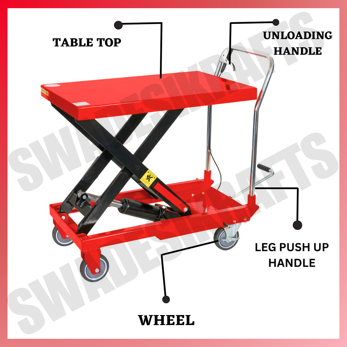 SWADESI KRAFTS Manual Scissor Lift Table Capacity 300kg Height 900mm Platform Size 855x500x50 (LWT) with PU Material four wheels and 2 locking casters125mm Foot Operated Hydraulic Scissor Table Truck.