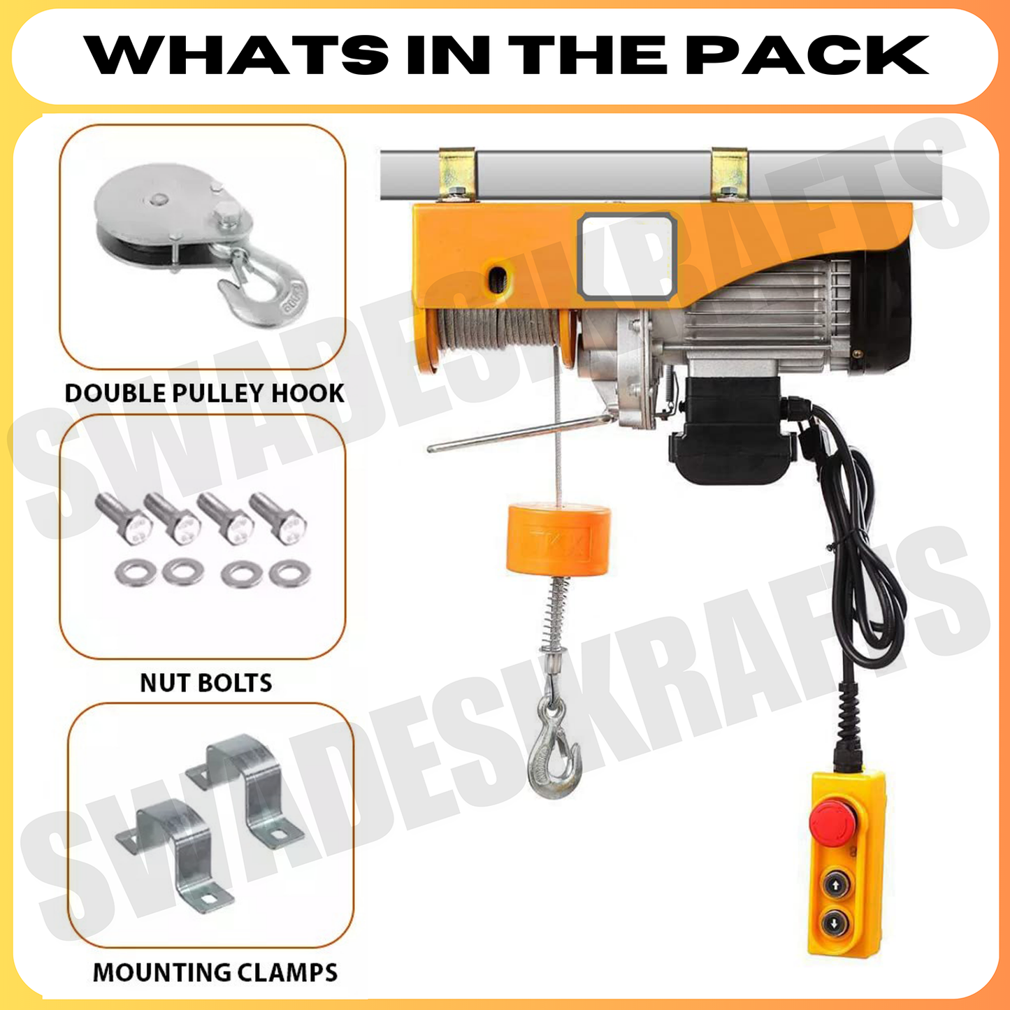 SWADESI KRAFTS 3hp PA 1000kg 30 Mtr 6mm wire Mini Electric Hoist for Heavy Material Handling With Copper Motor Single Phase | 6mm Wire Thickness | 30 meter wire Winch Construction Mini Hoist