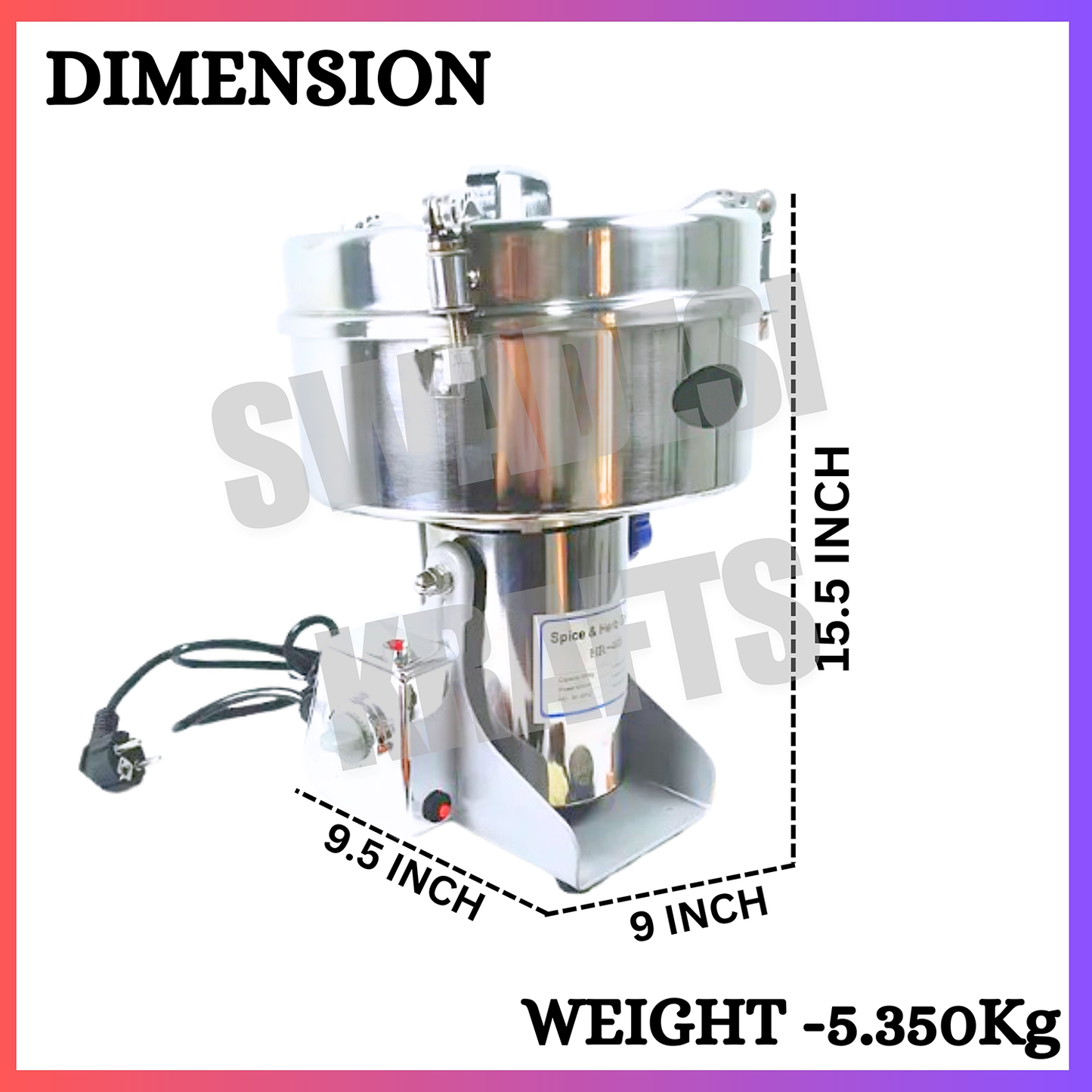 SWADESI KRAFTS Instant Masala Grinder Stainless Steel Body with 1800-Watt Motor Commercial Spice Grinder Size 9”X9.5”X15.5” Inch (LXWXH) is Used to Grinding Spices