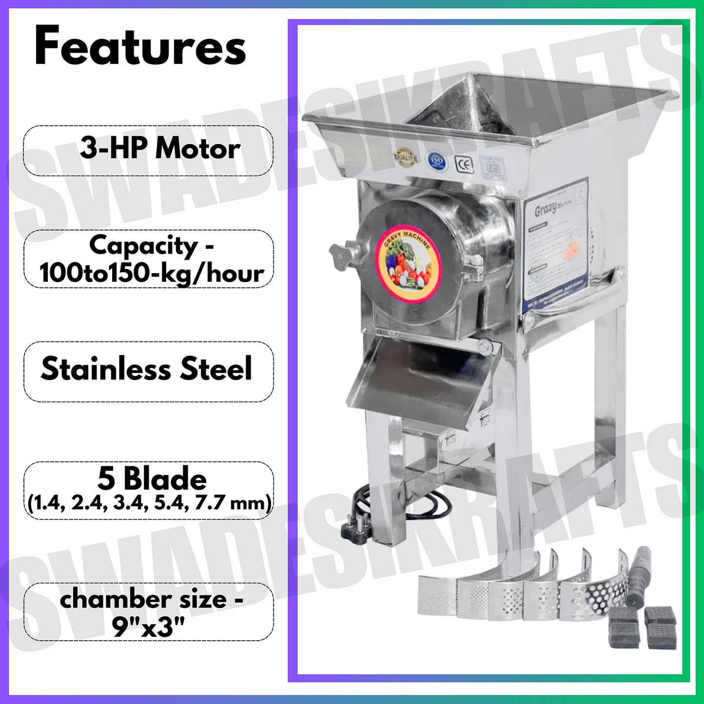 Swadesi Krafts Stainless Vegetable Gravy Machine with 3-Hp Motor | Gravy Machine for Hotel Industrial Machine for Wet Grinder Capacity-150kgHr. A3