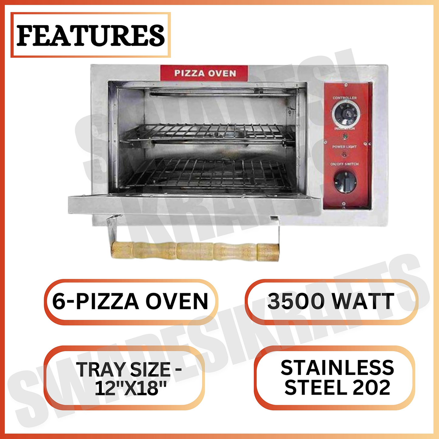 SWADESI KRAFTS stainless steel 202 pizza oven commercial use with 3500 watts, 12” x 18” inch, 6 pizza – 8-inch, best pizza oven size 16”x30” inch (LXW) and 18” inch height, its use crispy up pizza