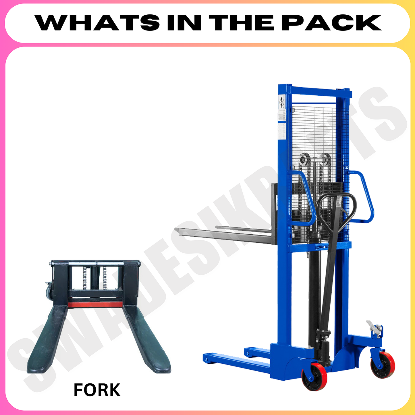 SWADESI KRAFTS Semi Manual Stackers Capacity 1 Ton Height 2050mm Outwidth750mm Fork length900 Adjust Width 230-580mm Lift Height 1600 Fork Wheel Size85x50 Back Wheel Size180x50 Whole Size2040x750x1420