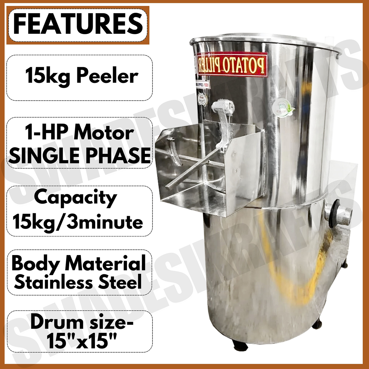 SWADESI KRAFTS 15Kg Automatic Potato Peeler Machine Electric Comes with 1.5-HP Motor Peel Potatoes, Beet Roots | Electric Peller for Vegetable Capacity 200-250kg/HR. A4
