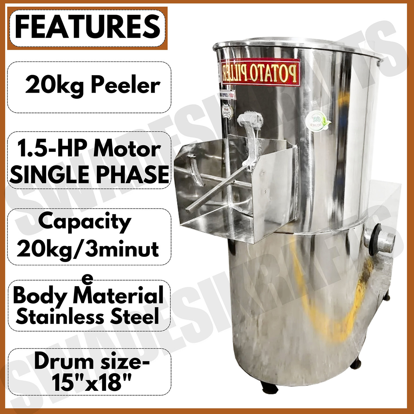 SWADESI KRAFTS 20Kg Automatic Potato Peeler Machine Electric Comes with 2-HP Motor Peel Potatoes, Beet Roots | Electric Peller for Vegetable Capacity 300-350kg/HR. A6