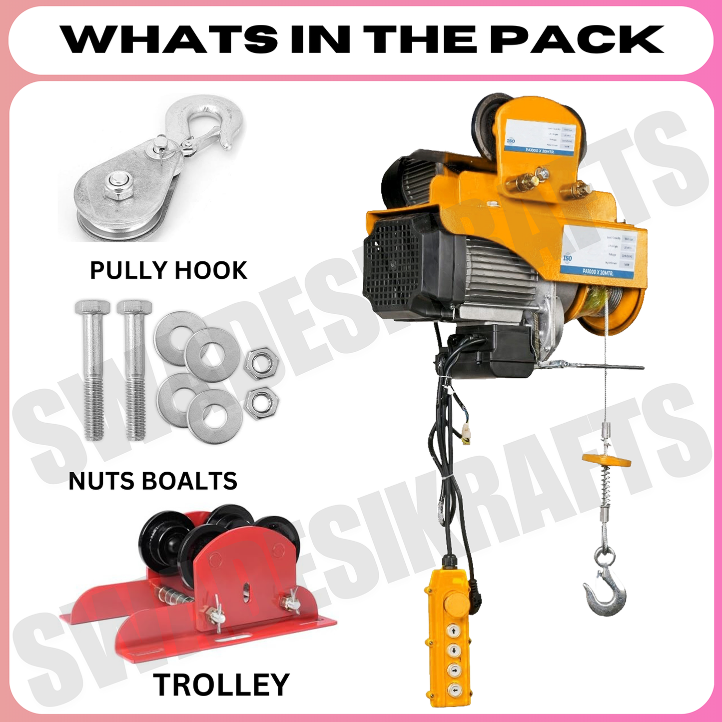 SWADESI KRAFTS PA1000kg 6mm 20Mtr Mini Electric Hoist for Material Handling 3hp Motor Single Phase | Winch Construction Mini Hoist 100% Copper Motor (Left & Right AND Up & Down)