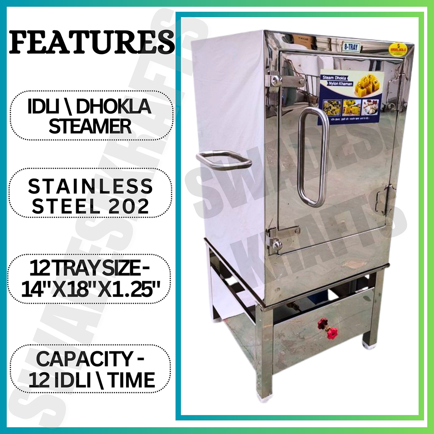 SWADESI KRAFTS Commercial Dhokla Maker with Steamer Stainless Steel Body With 12 Tray Size 14x18x1.25-Inch Idli Making Machine Commercial Size 23x24x52-Inch (LXWXH) Used For Idli and Dhokla Steamers