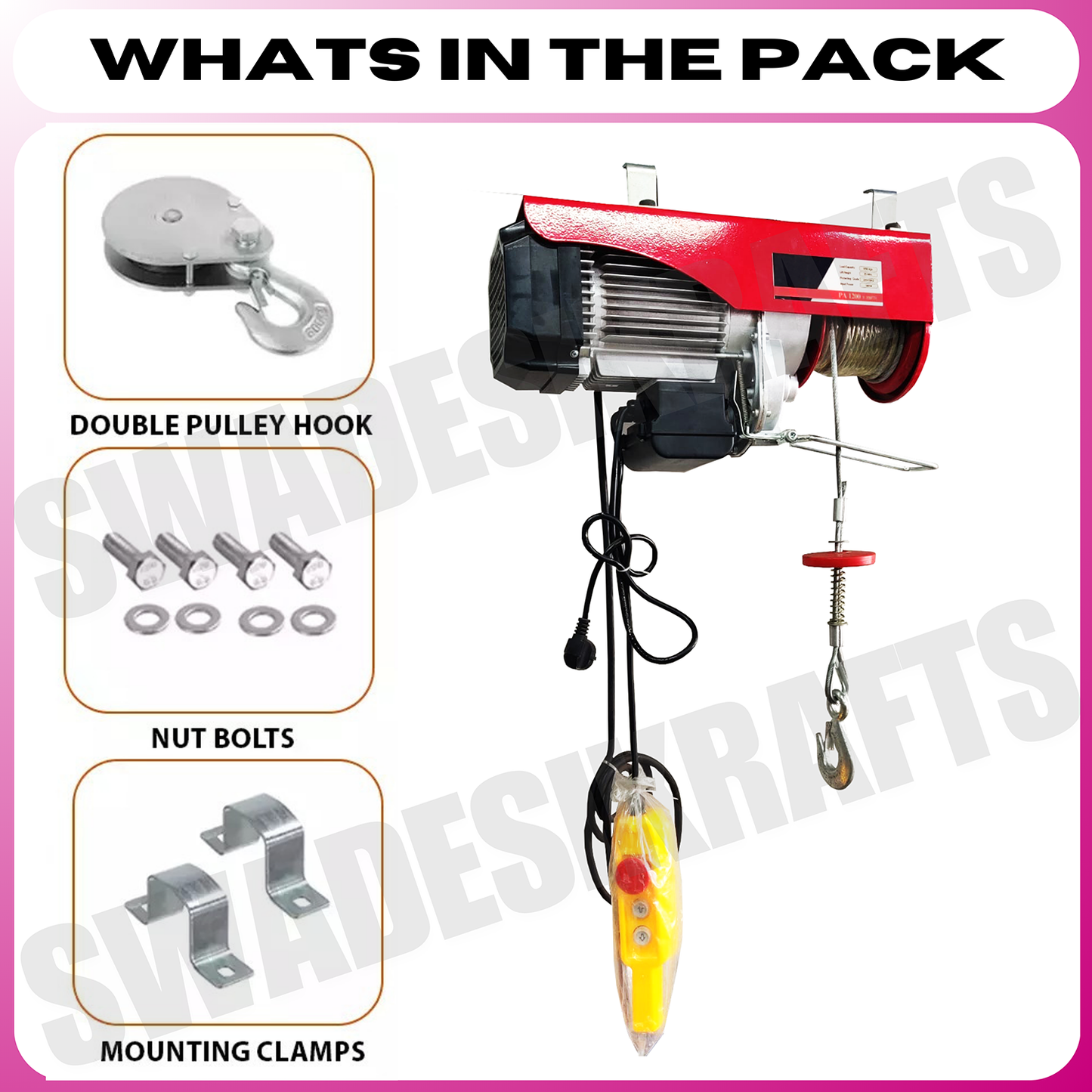 SWADESI KRAFTS 1.5hp PA 500kg 20 meter Mini Electric Hoist Material Handling With Copper Motor Single Phase | Winch Construction Mini Hoist Motor (Without Trolley)