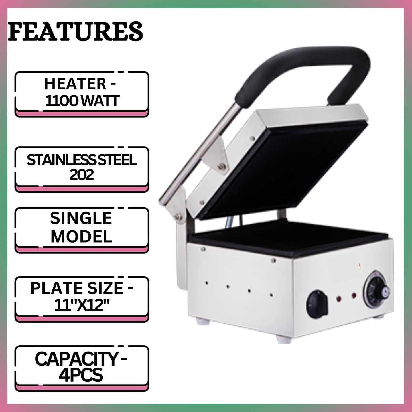 SWADESI KRAFTS Stainless Steel 202 Single Sandwich Griller 1100-Watt 2 Heater| Sandwich Grill Machine 11”X12” Inch 4pcs Sandwich |Size 18”X14”X10” Inch (LXWXH)