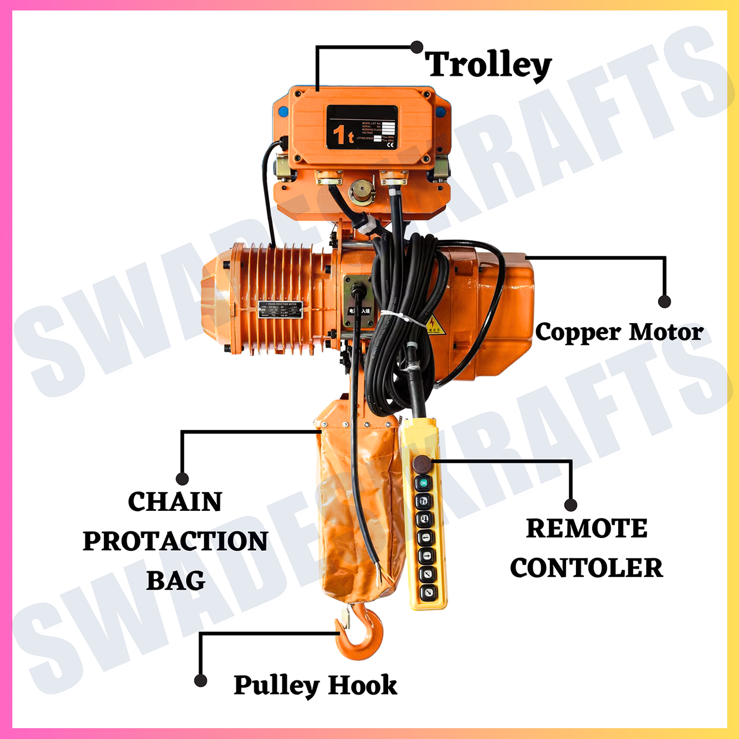 SWADESI KRAFTS 2HP Three Phase Electric Chain Hoist with Electric Trolley 3Ton Capacity SingleFall Working Height 6meter Load Chain 11.2mm Safeload 1000-1500kg Lifting Speed5.4meter/min MotorizedHoist