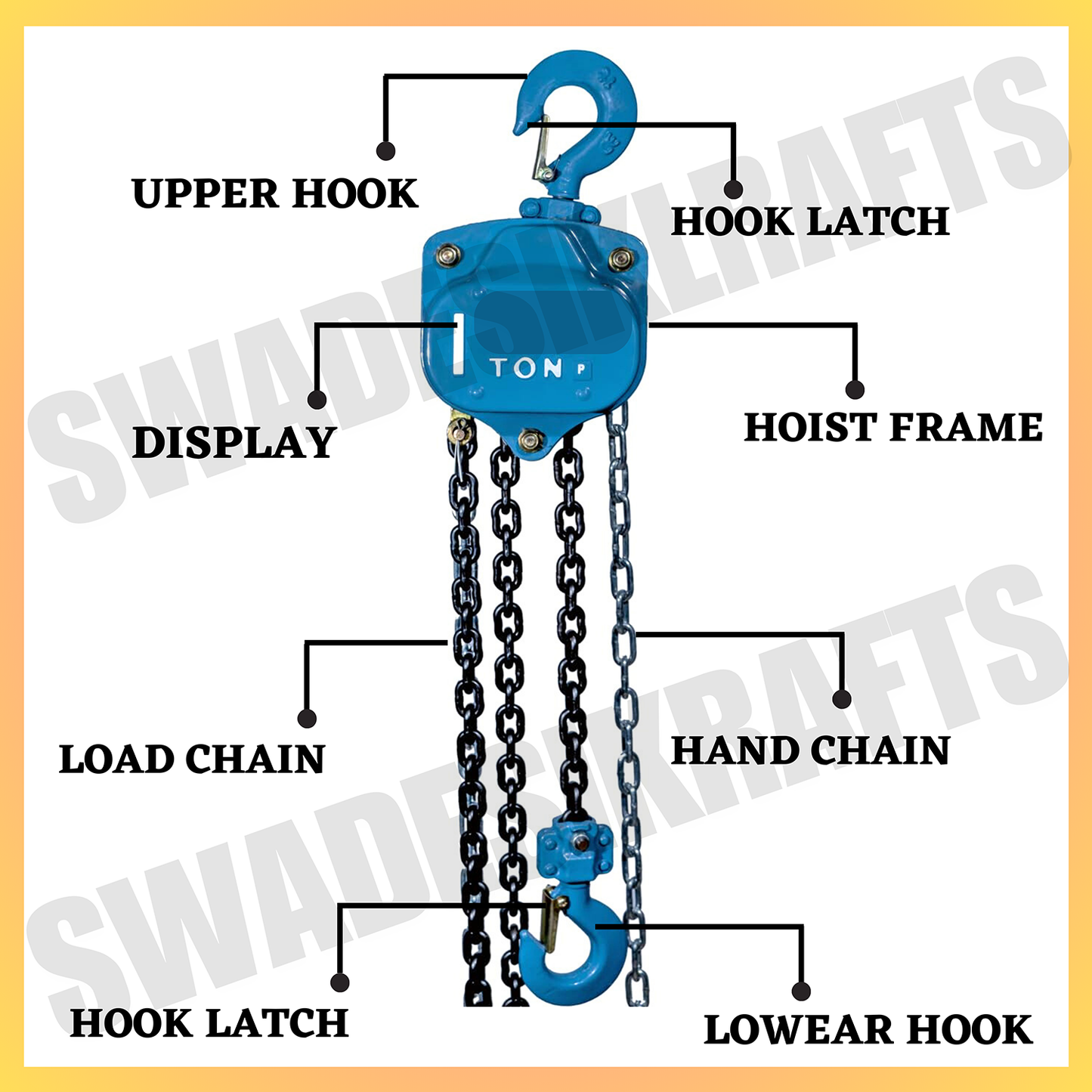 SWADESI KRAFTS P-Series Chain Pulley Block 5ton Capacity Heavy Duty Double Fall Working Height 3meter Manual Hand Chain 5mm Load Chain 10mm Chain Block For Material Movement Hand Operating Chain Block