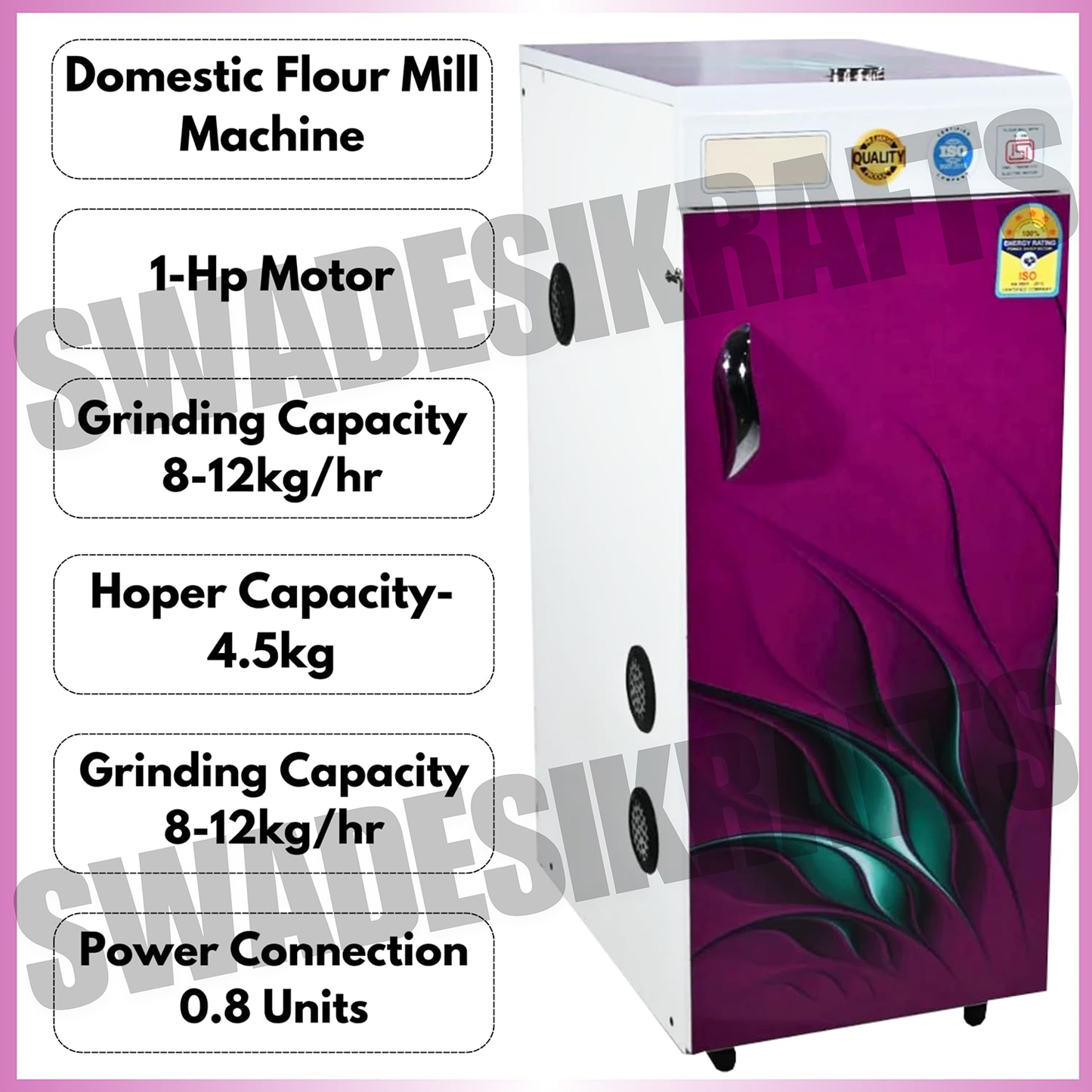 SWADESI KRAFTS Automatic Domestic Flour Mill Machine for Business with 1hp Motor | Atta Chakki for Home Capacity is 8-12kg/Hr