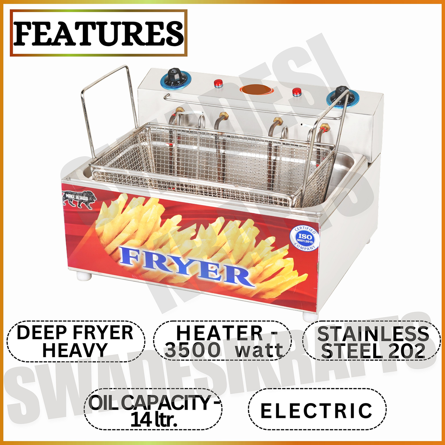 Swadesi Krafts Deep Fryer Machine Stainless Steel 202 Body With 3500-Watt Heater Automatic Deep Fryer Size 25”X13”X14.5” Inch (LXWXH) Used for Fry Samosa, French Fry, Bhature Etc