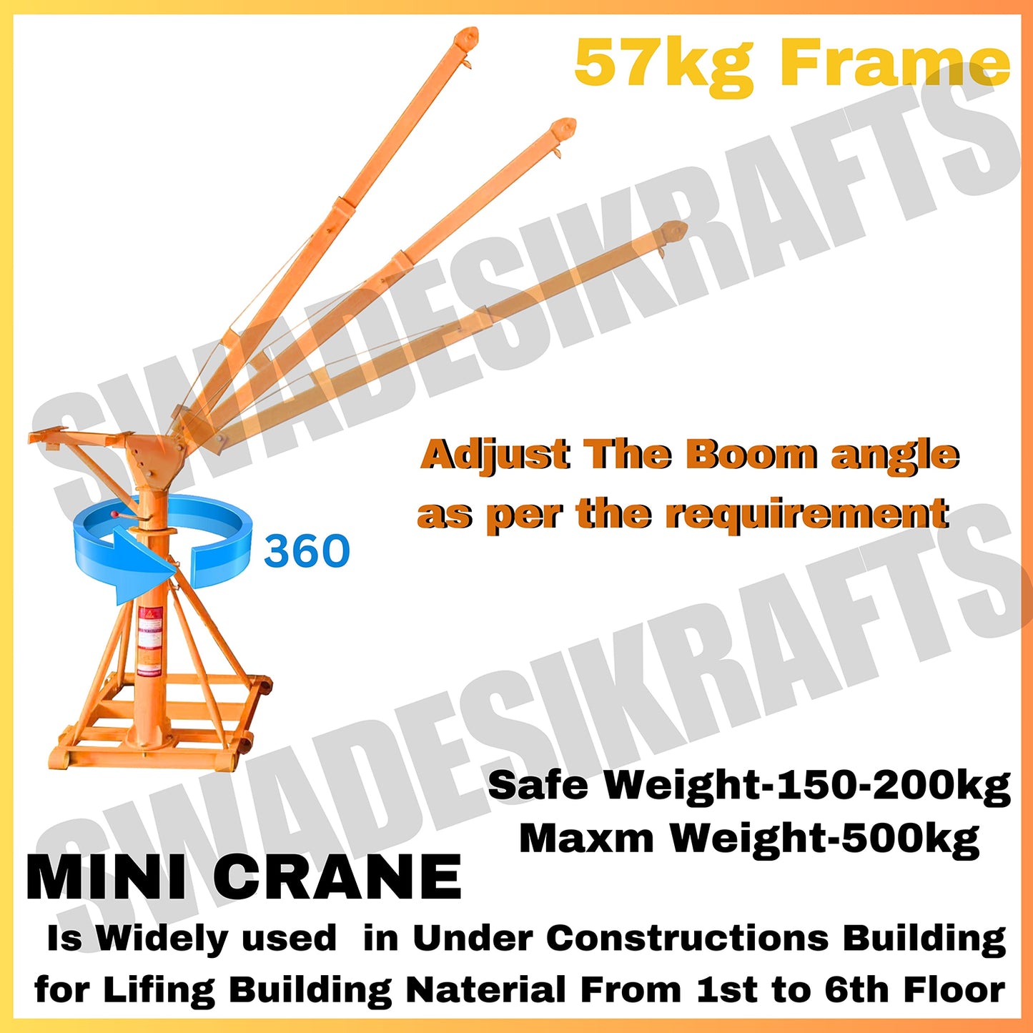 SWADESI KRAFTS Electric Mini Lifting Crane with 3HP Electric Motor |8mm Wire Thickness | 40 Meter Length of the Wire and 57kg with 360 Adjustable Frame | Mini Crane Scale 500kg
