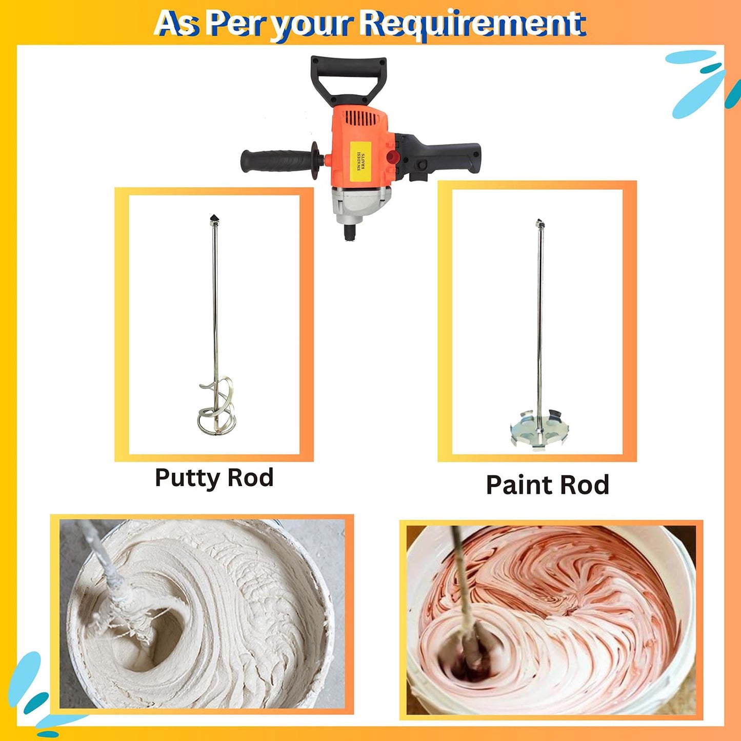 Swadesi krafts putty mixer machine blends mixture quickly and removes lumps paint mixer for painter, 1250 watt copper winded motor paint mixing A3 (Putty Mixing Machine)