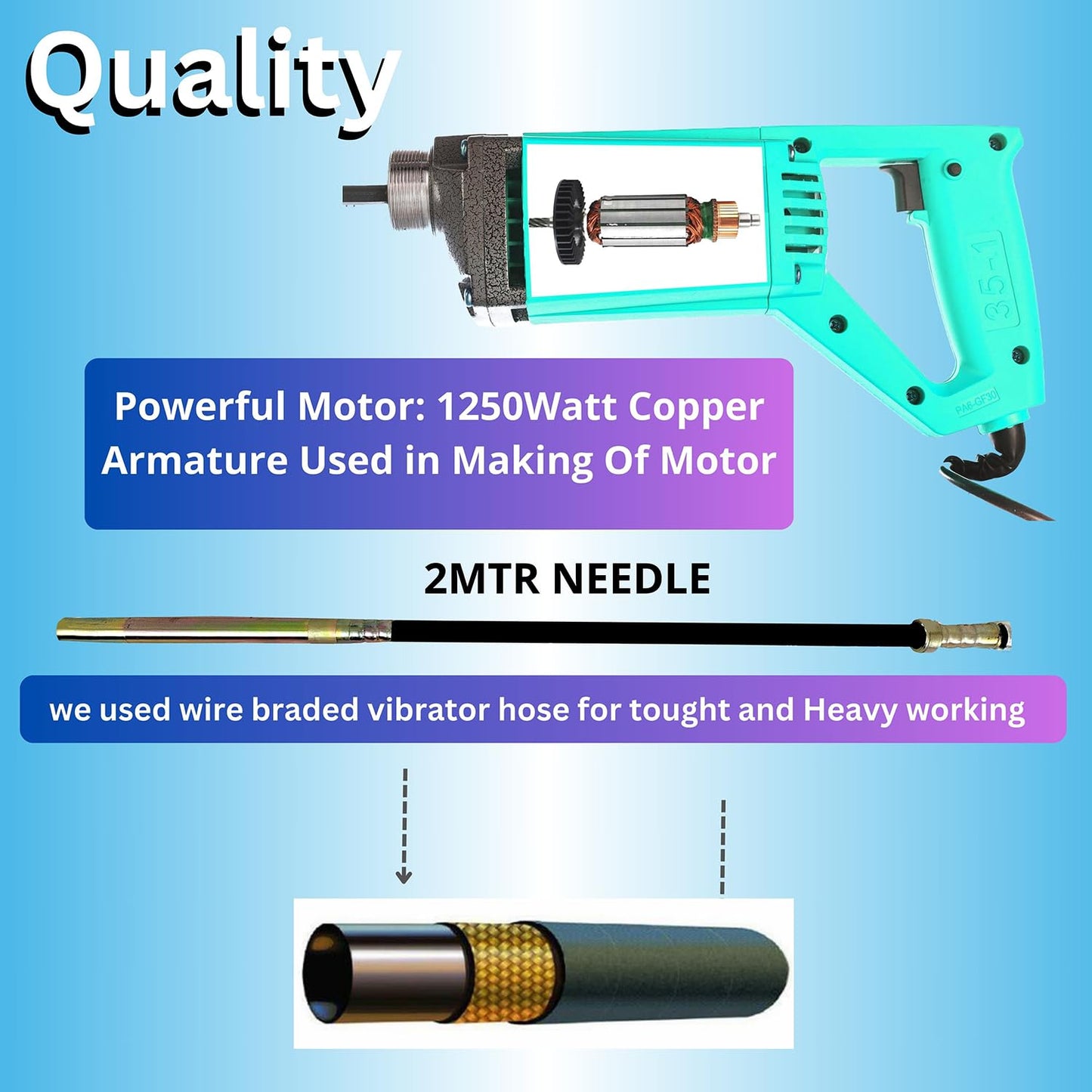 SWADESI KRAFTS 1250-WATT Concrete Vibratoriron Machine With 1.5 Mtr Needle | Electric Concrete Vibrator 13000rpm