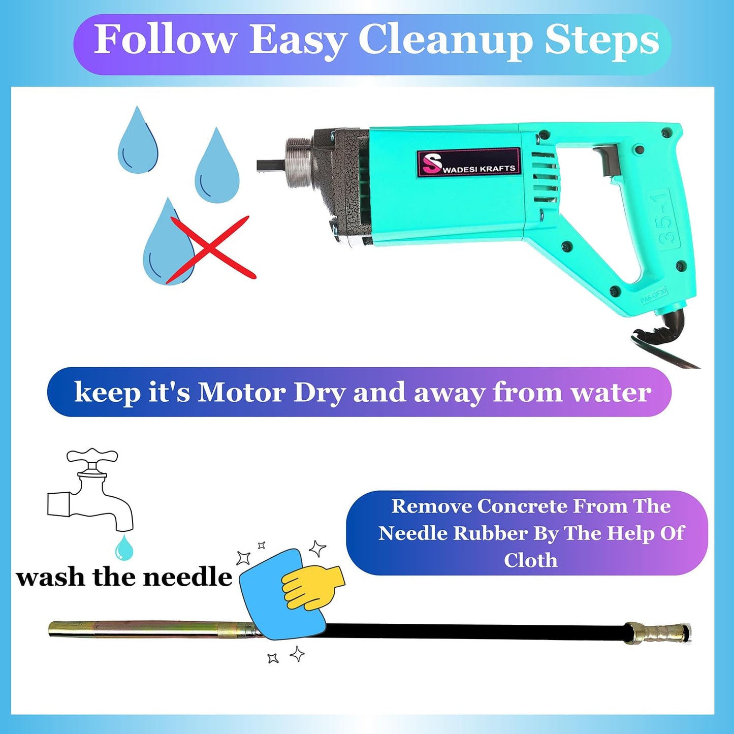 SWADESI KRAFTS 1250-WATT Concrete Vibratoriron Machine With 1.5 Mtr Needle | Electric Concrete Vibrator 13000rpm