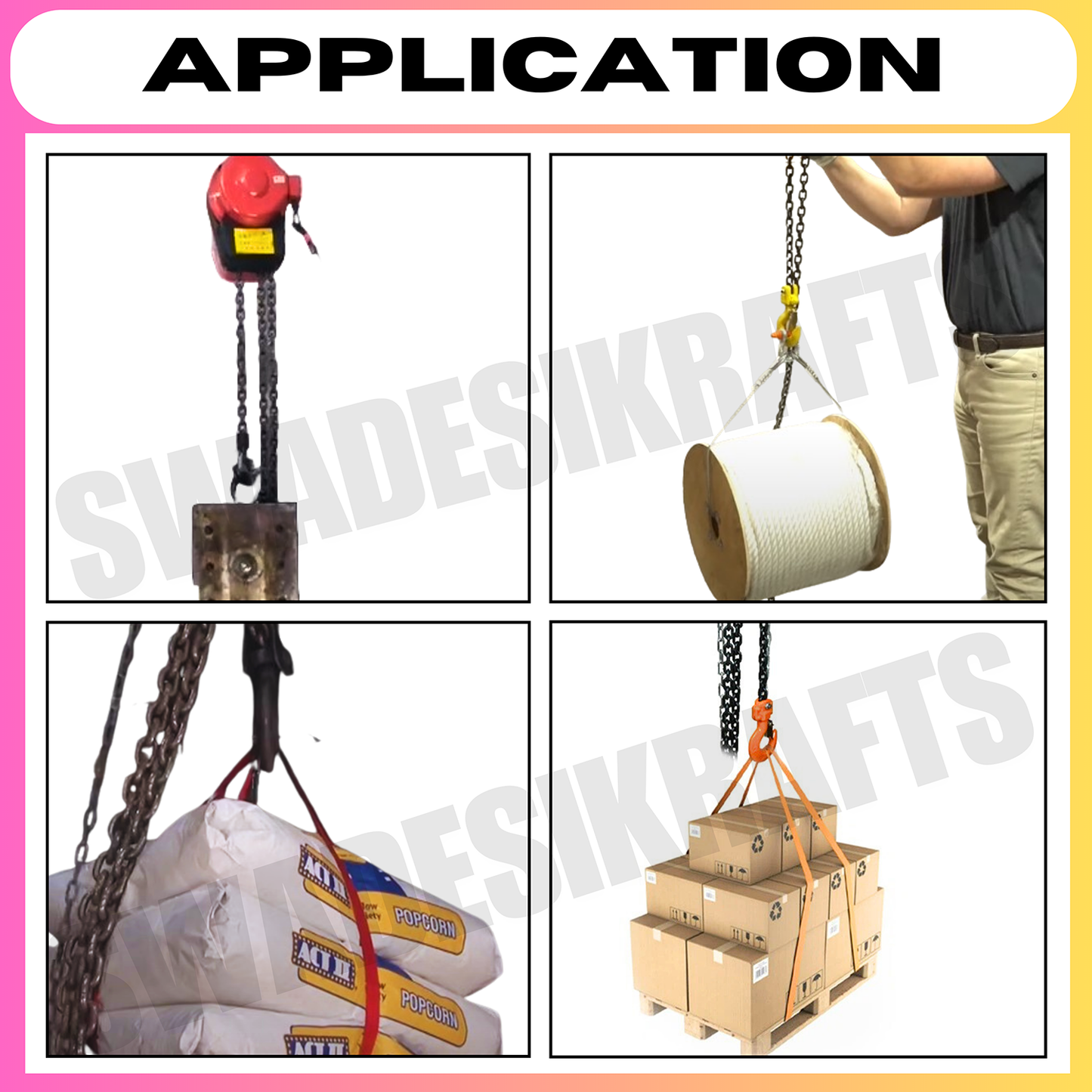SWADESI KRAFTS 2HP DHY Three phase Electric Chain Hoist 5Ton Capacity Heavy Duty Double Fall Working Height 3meter Load Chain 10mm Lifting Speed 1.1meter/min with 500w Motorized Chain Pulley Block.