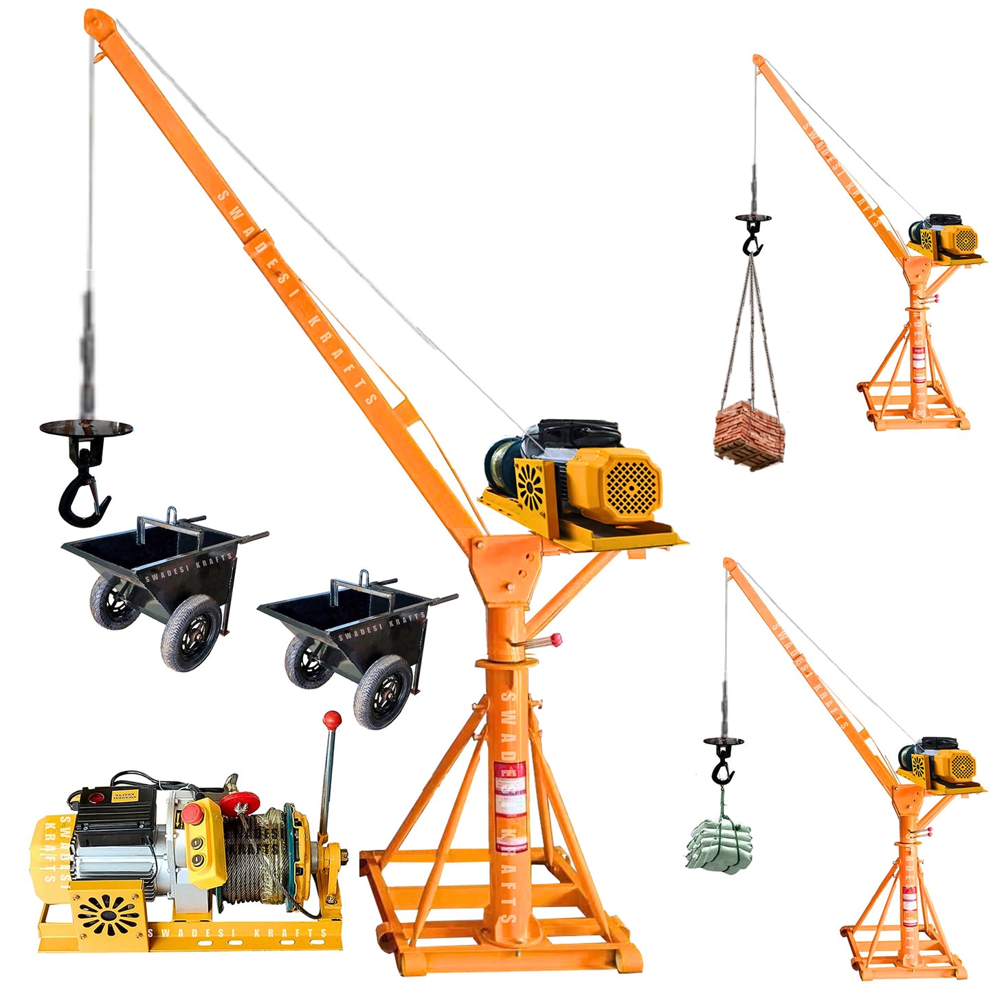 SWADESI KRAFTS Electric Mini Lifting Crane with 4HP Electric Motor with 2 Trolly | 8mm Wire Thickness | 40 Meter Length of the Wire and 57kg with 360 Adjustable Frame | Mini Crane Scale 500kg