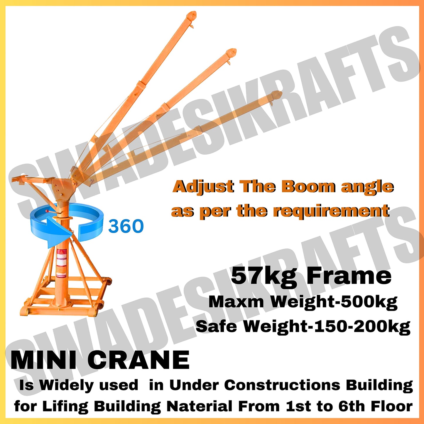 SWADESI KRAFTS Electric Mini Lifting Crane with 4HP Electric Motor & Single Trolly | 8mm Wire Thickness | 40 Meter Length of the Wire and 57kg with 360 Adjustable Frame | Mini Crane Scale 500kg