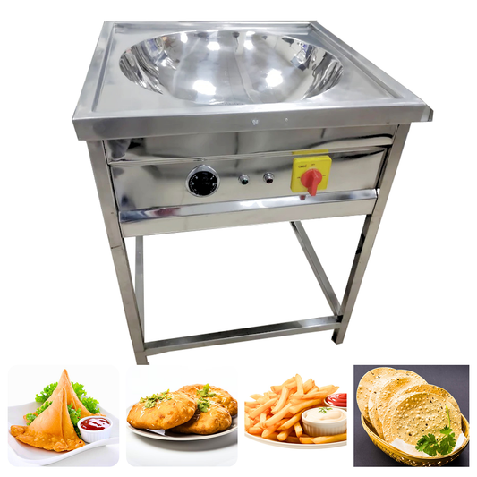 SWADESI KRAFTS Electric Kadai Commercial Stainless-Steel 202 Body With 3000 + 3000 Double Heater Commercial Fryer Electric Size 27”X27”X32” Inch (LXWXH) Used for Fry Like Samosa, Kachori