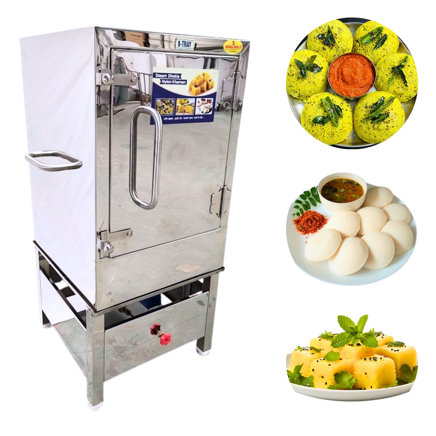 SWADESI KRAFTS Commercial Dhokla Maker with Steamer Stainless Steel Body With 8 Tray Size 14x18x1.25-Inch Idli Making Machine Commercial Size 23x24x44-Inch (LXWXH) Used For Idli and Dhokla Steamers