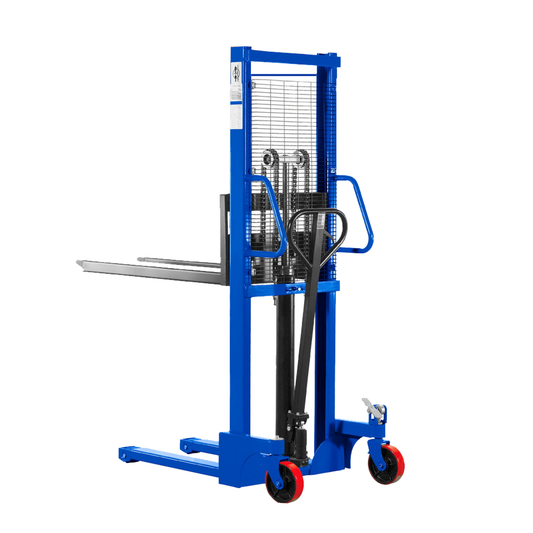 SWADESI KRAFTS Semi Manual Stackers Capacity 2 Ton Height 2050mm Outwidth750mm Fork length900 Adjust Width 230-580mm Lift Height 1600 Fork Wheel Size85x50 Back Wheel Size180x50 Whole Size2040x750x1420