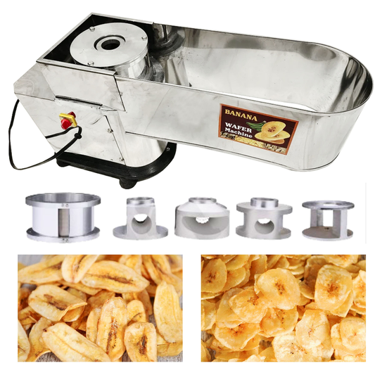 SWADESI KRAFTS 2in 1 Automatic Banana & Potato Slicer Machine for Chips | Stainless Steel Banana Chips Cutter Machine Electric Comes with 1HP Motor & 5 Die (Round, oval, & long patta) A2