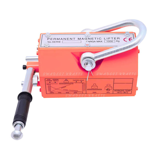 Heavy Duty Permanent Magnet Lifter Capacity 1000 kg Height 135mm x length298mm x bottom153mm and the Magnet Lifting Hoist for Steel Plate with MS material for magnet lifter weight 35kg