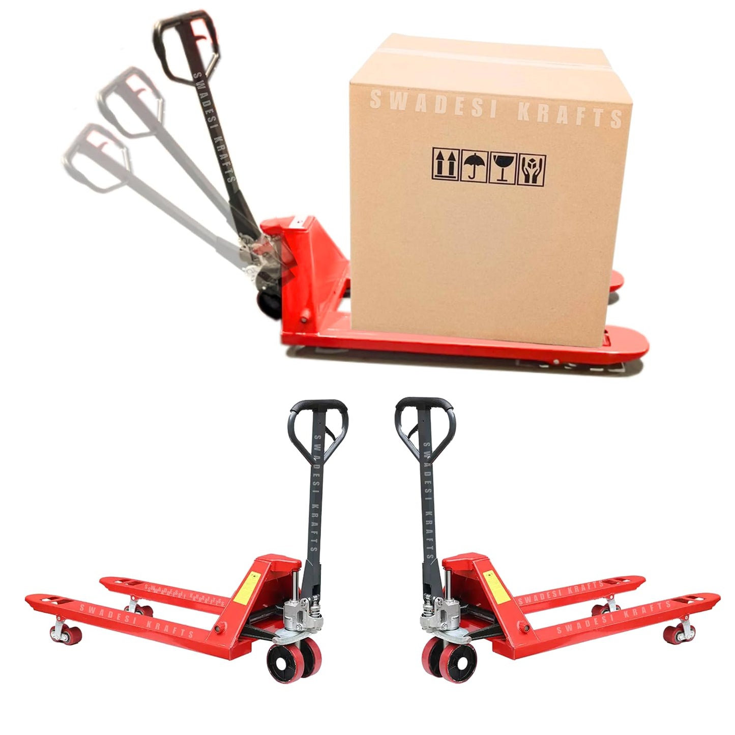 SWADESI KRAFTS Manual Mild Steel Hand Pallet Truck up to 3 Ton (3000kg) Manual Forklift P.U Wheel| Fork Length 1200mm X 685mm X 200mm is Used to Lift and Move Heavy Loads