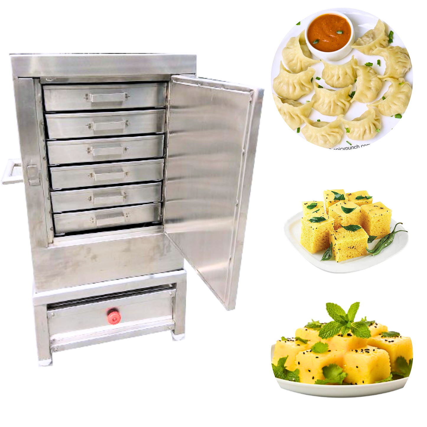 SWADESI KRAFTS khaman dhokla maker commercial stainless-steel body with 6 tray size 18x18x2.5-inch khaman dhokla machine size 23x28x52-inch (LXWXH) used For prepare steamed dhokla, khaman.