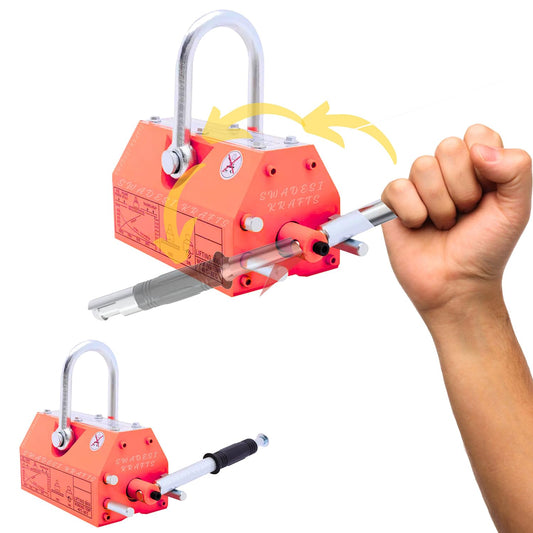 Heavy Duty Permanent Magnet Lifter Capacity 400 kg Height 92mm x length195mm x bottom95mm and the Magnet Lifting Hoist for Steel Plate with MS material for magnet lifter weight 9.3kg