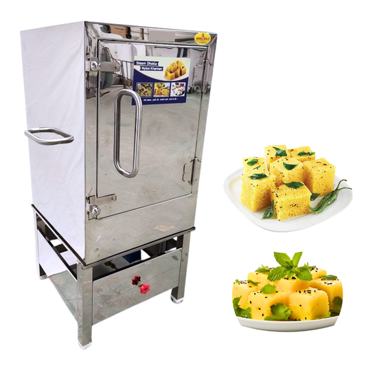 SWADESI KRAFTS khaman dhokla maker commercial stainless-steel body with 10 tray size 18x18x2.5-inch khaman dhokla machine size 28x24x66-inch (LXWXH) used For prepare steamed dhokla, khaman