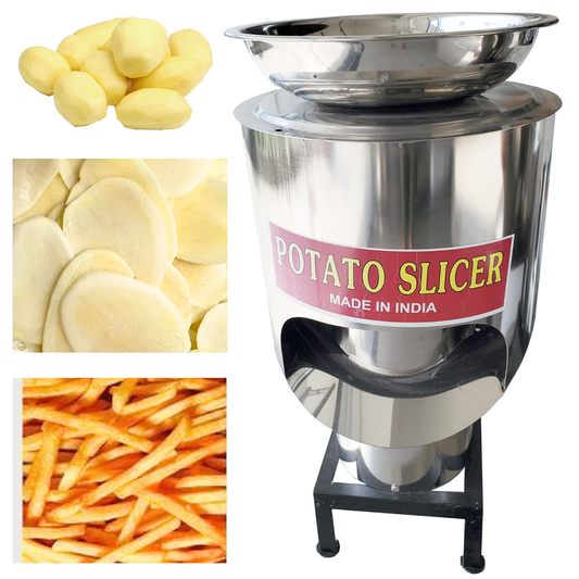 SWADESI KRAFTS Automatic Potato Slicer Machine for Chips | Stainless Steel Potato Peeler Machine Electric Comes with 0.5HP Motor & 3 Die (Lachha, Line Plain) A5