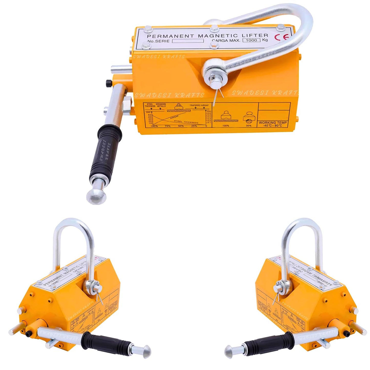 Heavy Duty Permanent Magnet Lifter Capacity 200 kg Height 73mm x length 395mm x bottom 69mm and the Magnet Lifting Hoist for Steel Plate with MS material for magnet lifter weight 6kg