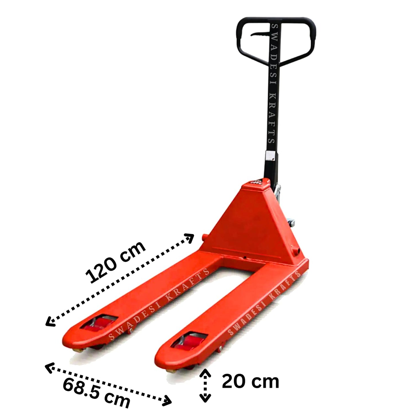 SWADESI KRAFTS Manual Mild Steel Hand Pallet Truck up to 3 Ton (3000kg) Manual Forklift P.U Wheel| Fork Length 1200mm X 685mm X 200mm is Used to Lift and Move Heavy Loads